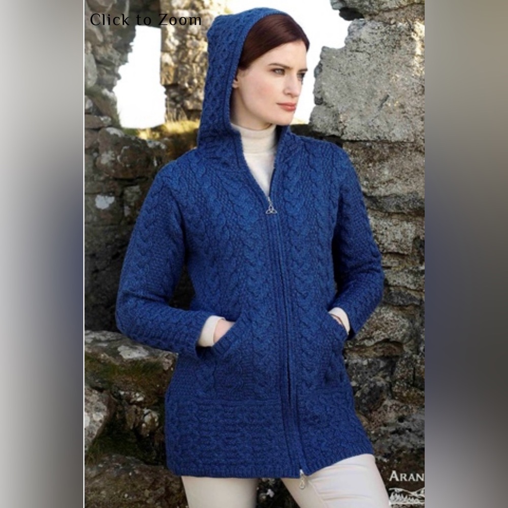 Aran Crafts Wool Cable Knit Zip Hooded Cardigan Sweater Navy XXL